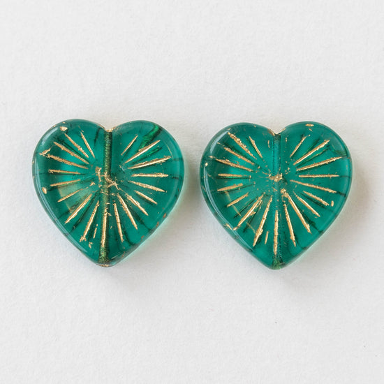 22mm Glass Heart Beads - Teal with Gold Wash - 4