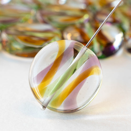 25mm Lampwork Coin Beads - Crystal with Purple Amber and Green Stripes - 1 Bead