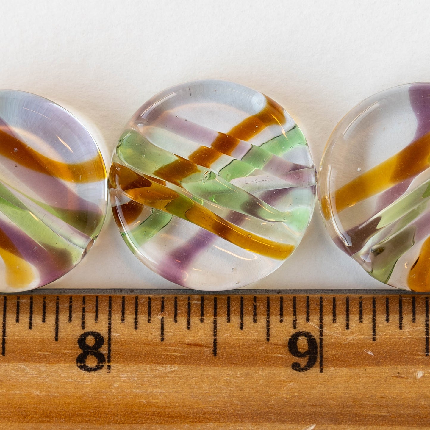 25mm Lampwork Coin Beads - Crystal with Purple Amber and Green Stripes - 1 Bead