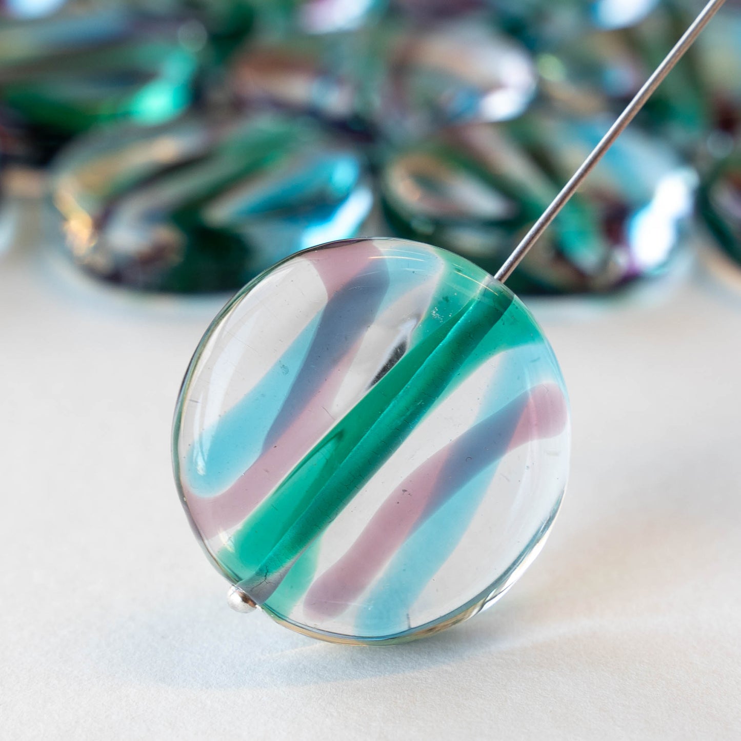 25mm Lampwork Coin Beads - Crystal with Purple and Blue Stripes - 2 Beads