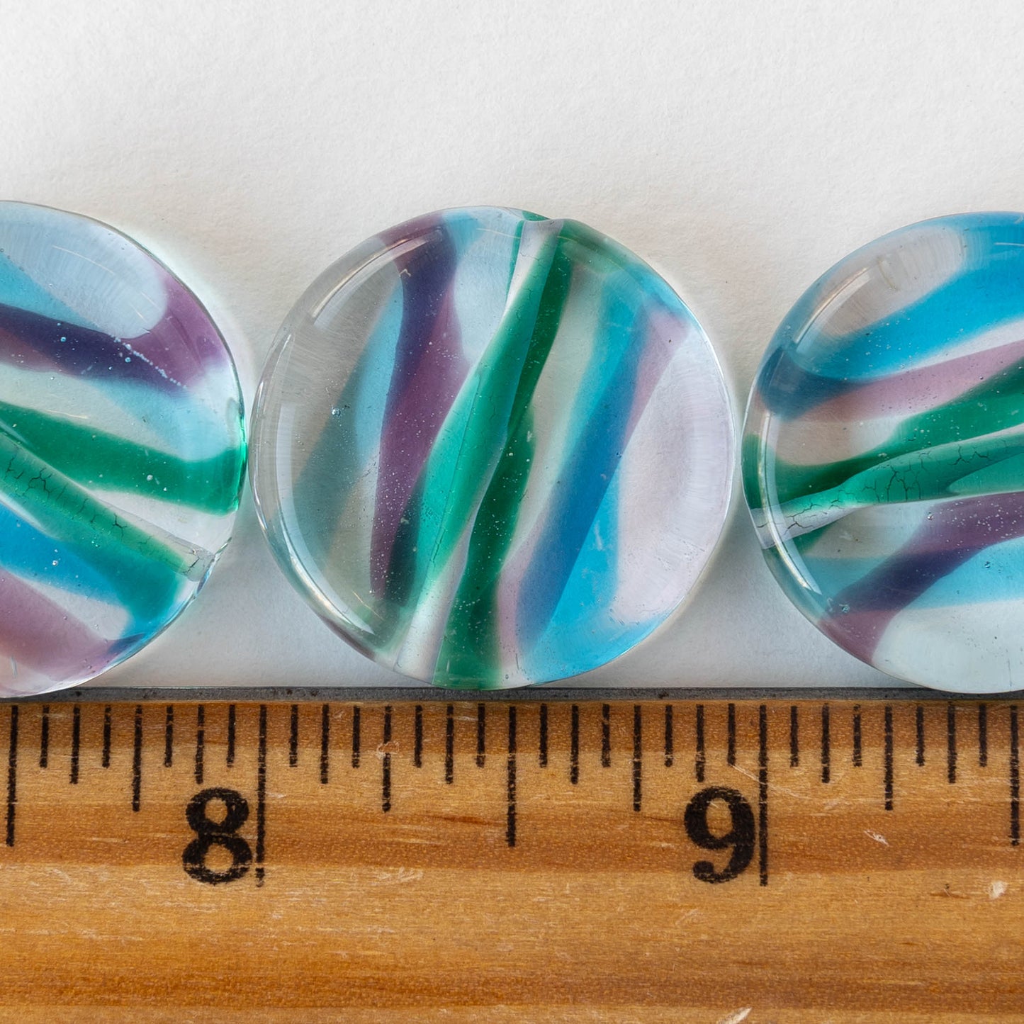 25mm Lampwork Coin Beads - Crystal with Purple and Blue Stripes - 2 Beads