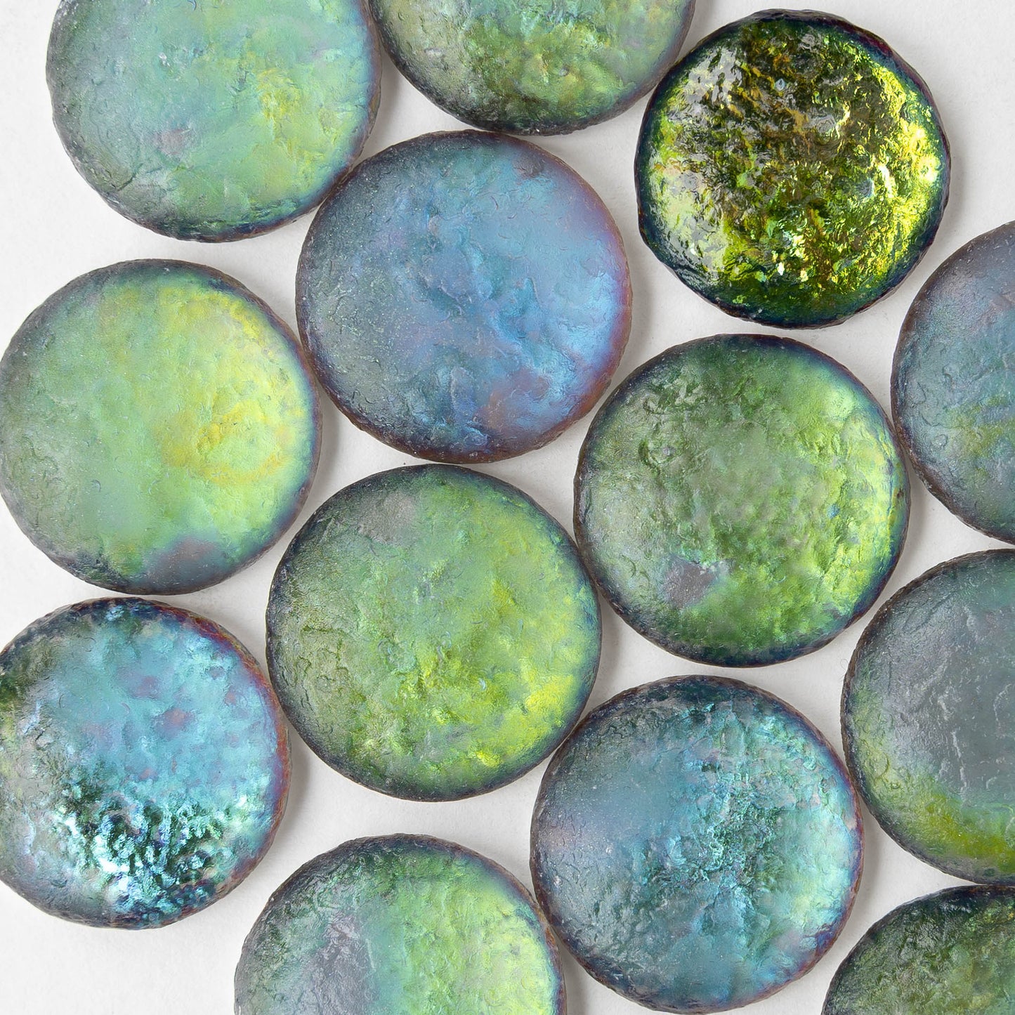 25mm Etched Glass Cabochons - Silver Blue Green Metallic - 2 pieces