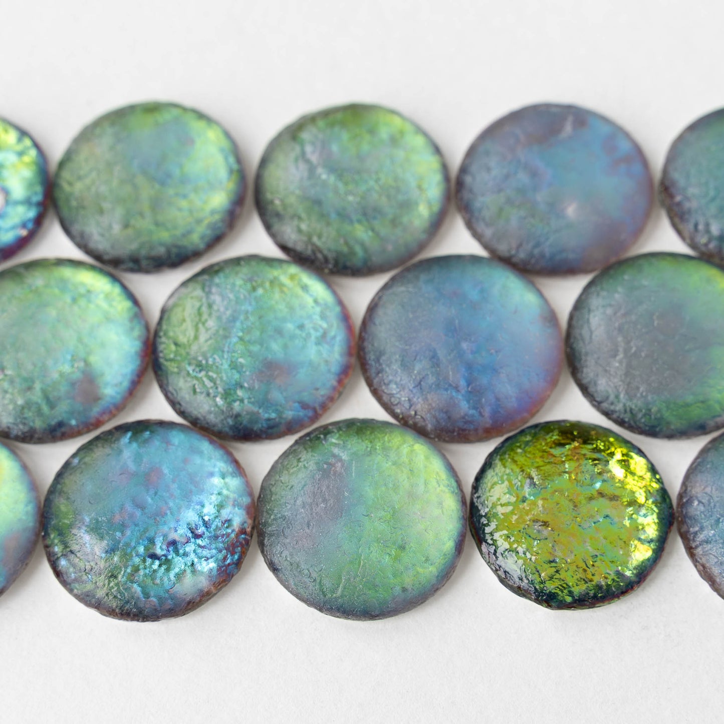 25mm Etched Glass Cabochons - Silver Blue Green Metallic - 2 pieces