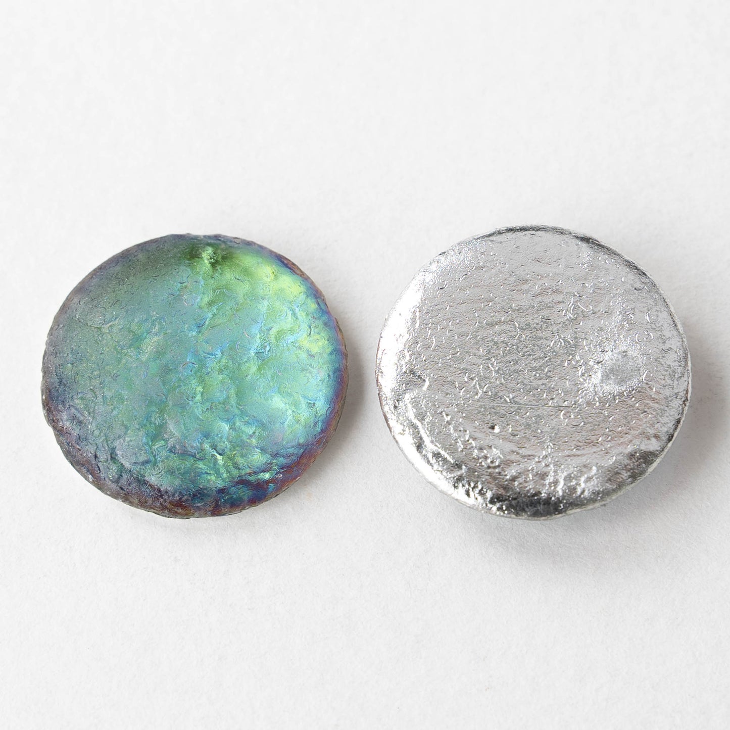 25mm Etched Glass Cabochons - Silver Blue Green Metallic - 2 pieces