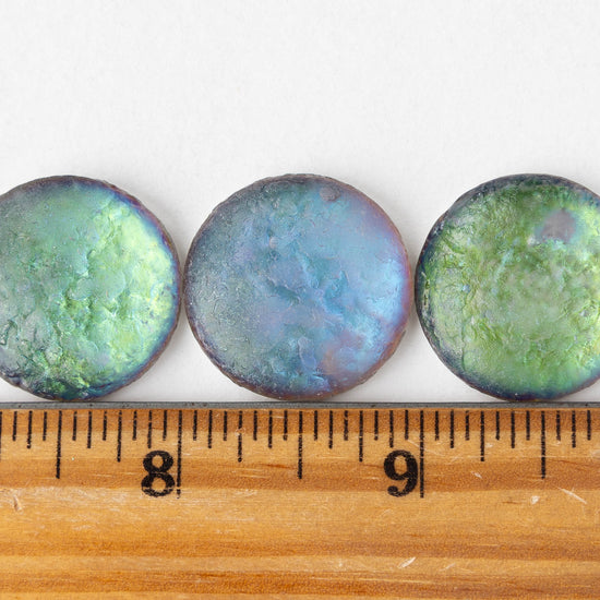 25mm Etched Glass Cabochons - Silver Blue Green Metallic - 2 pieces