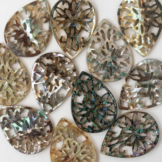 25x35mm Carved Abalone Teardrop Shell Pendants - 1 Pair