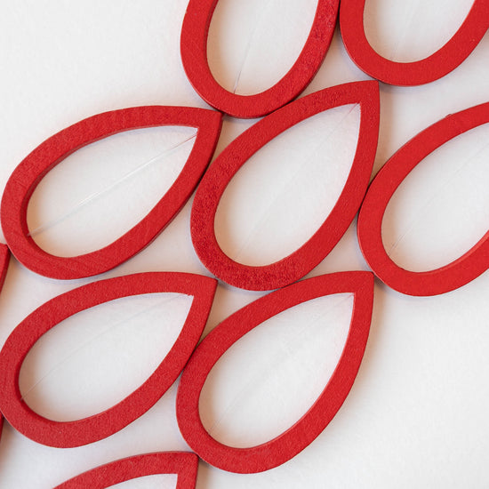 29x49mm Wooden Teardrop Beads - Red - 4 teardrops