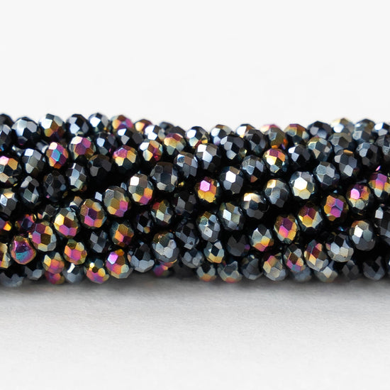 2mm Firepolished Rondelle Beads - Black Sliperit - 15 inch strand ~200 beads