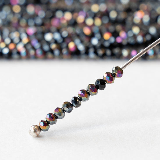 2mm Firepolished Rondelle Beads - Black Sliperit - 15 inch strand ~200 beads