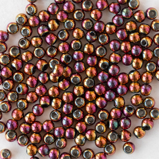 2mm Round Glass Beads - Purple Gold Iris - 15 inch strand ~200 beads