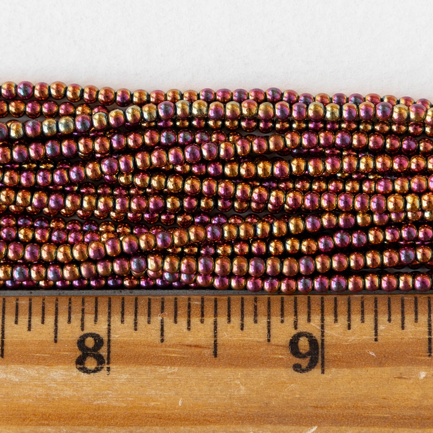 2mm Round Glass Beads - Purple Gold Iris - 15 inch strand ~200 beads