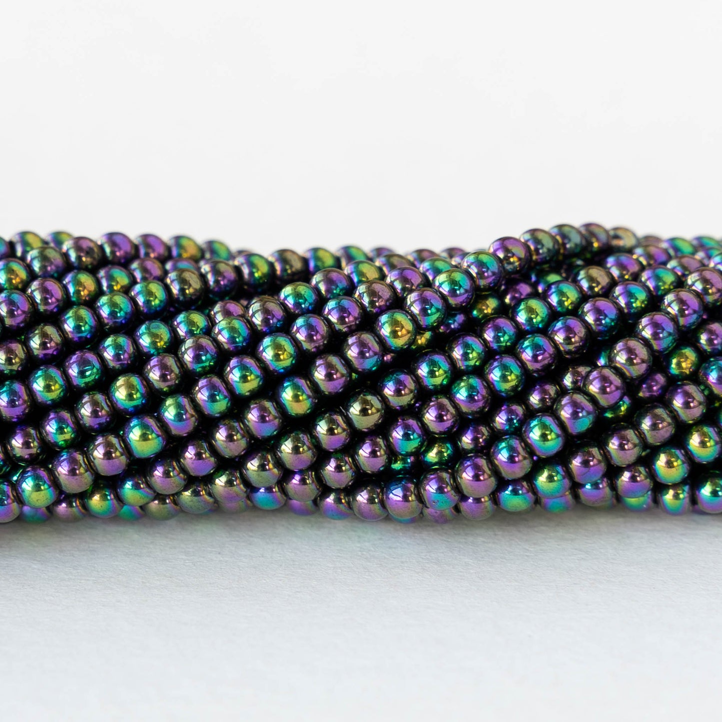 2mm Round Glass Beads - Purple Green Iris - 15 inch strand ~200 beads