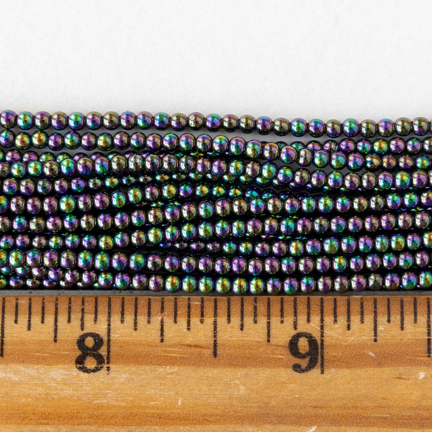 2mm Round Glass Beads - Purple Green Iris - 15 inch strand ~200 beads