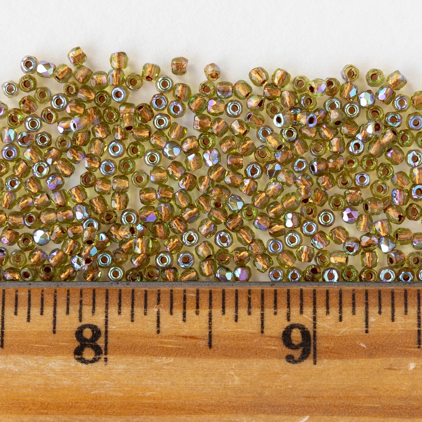 2mm Round Firepolished Beads -Copper Lined Olive AB - 50 beads