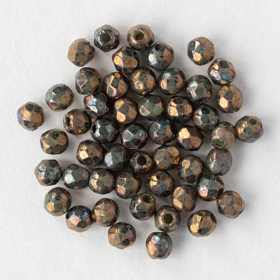 2mm Round Firepolished Beads - Oxidized Bronze Clay - 50 beads