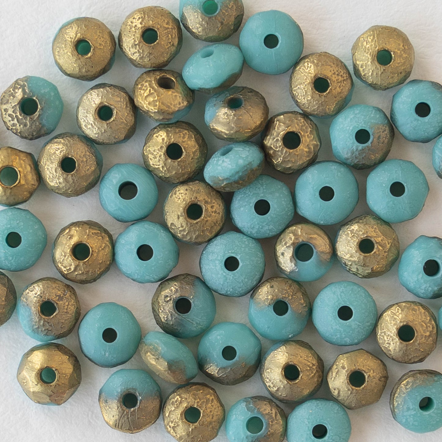 3x4mm Faceted Rondelle Beads - Opaque Etched Turquoise with Gold  - 50 beads