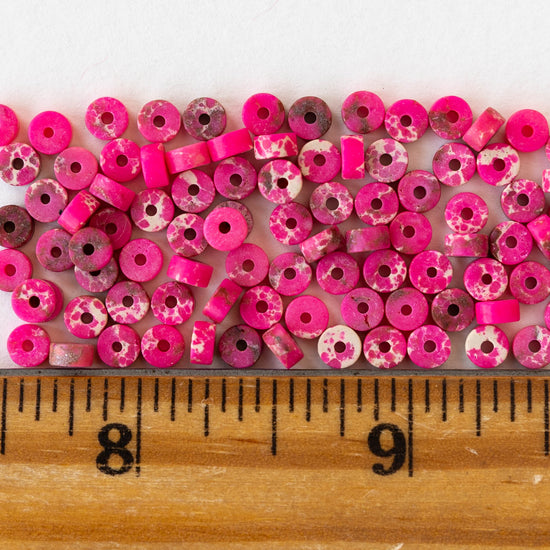 2x4mm Synthetic Impression Jasper Heishi Beads - Hot Pink - Whole or Half Strand