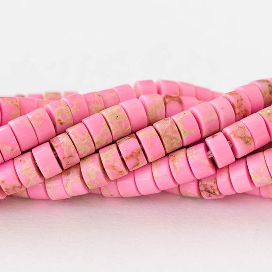 2x4mm Synthetic Impression Jasper Heishi Beads - Pink - Whole or Half Strand