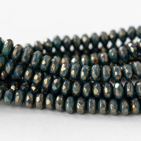 2x4mm Faceted Glass Rondelle Beads - Opaque Teal Gold Luster - 50 beads