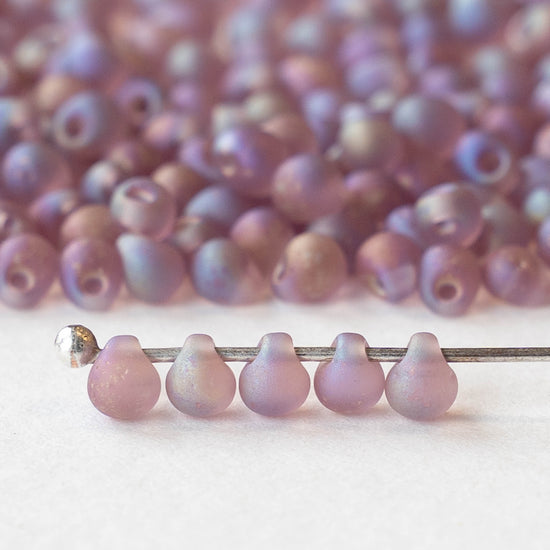 3.4mm Glass Magatama Teardrop Beads - Matte Amethyst AB - 20 grams