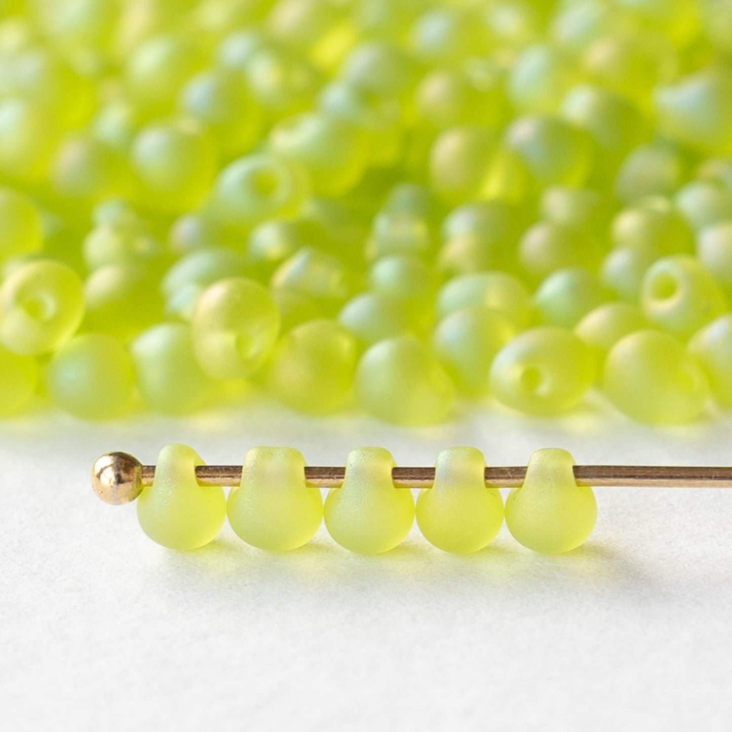3.4mm Glass Magatama Teardrop Beads - Matte Yellow Green AB - 20 grams