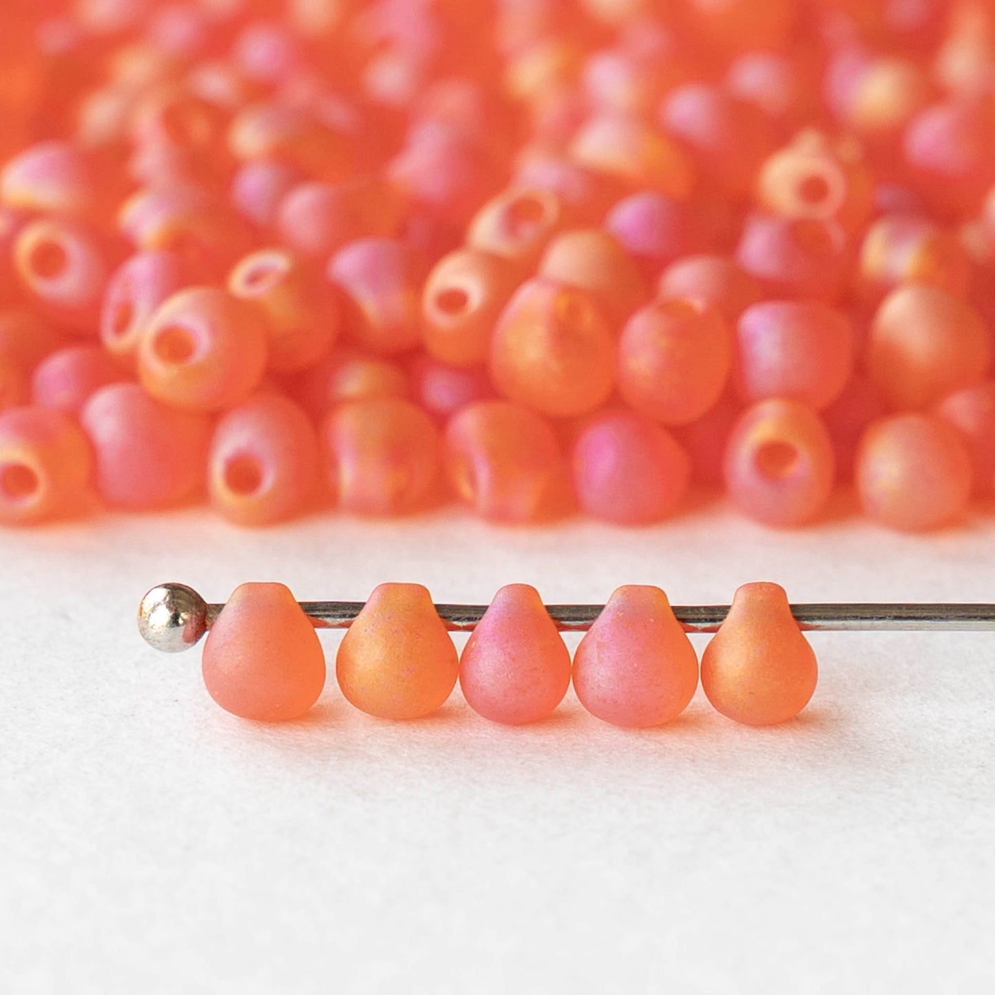 3.4mm Glass Magatama Teardrop Beads - Orange Pink AB Matte - 20 grams