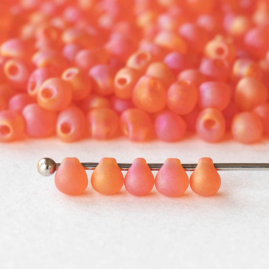 3.4mm Glass Magatama Teardrop Beads - Orange Pink AB Matte - 20 grams