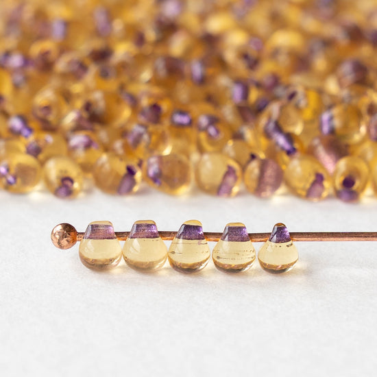 3.4mm Glass Magatama Teardrop Beads - Purple Lined Amber - 10 or 20 grams