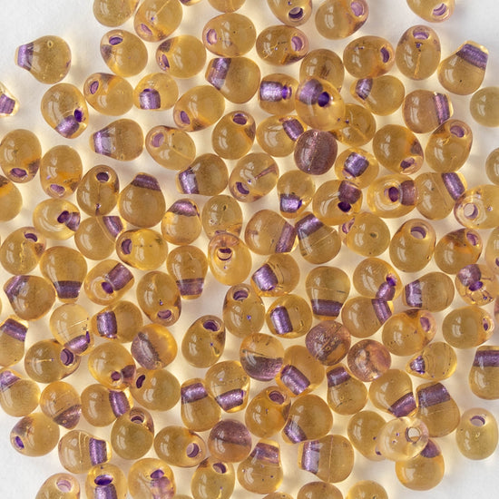 3.4mm Glass Magatama Teardrop Beads - Purple Lined Amber - 10 or 20 grams