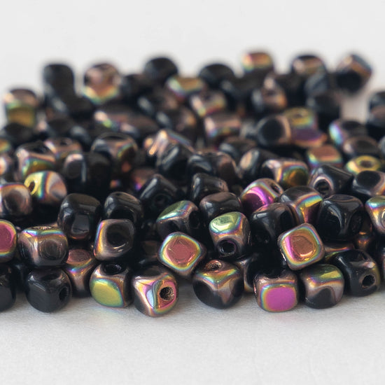3.5mm Glass Cube Beads - Black with a Marea Coat - 100 beads