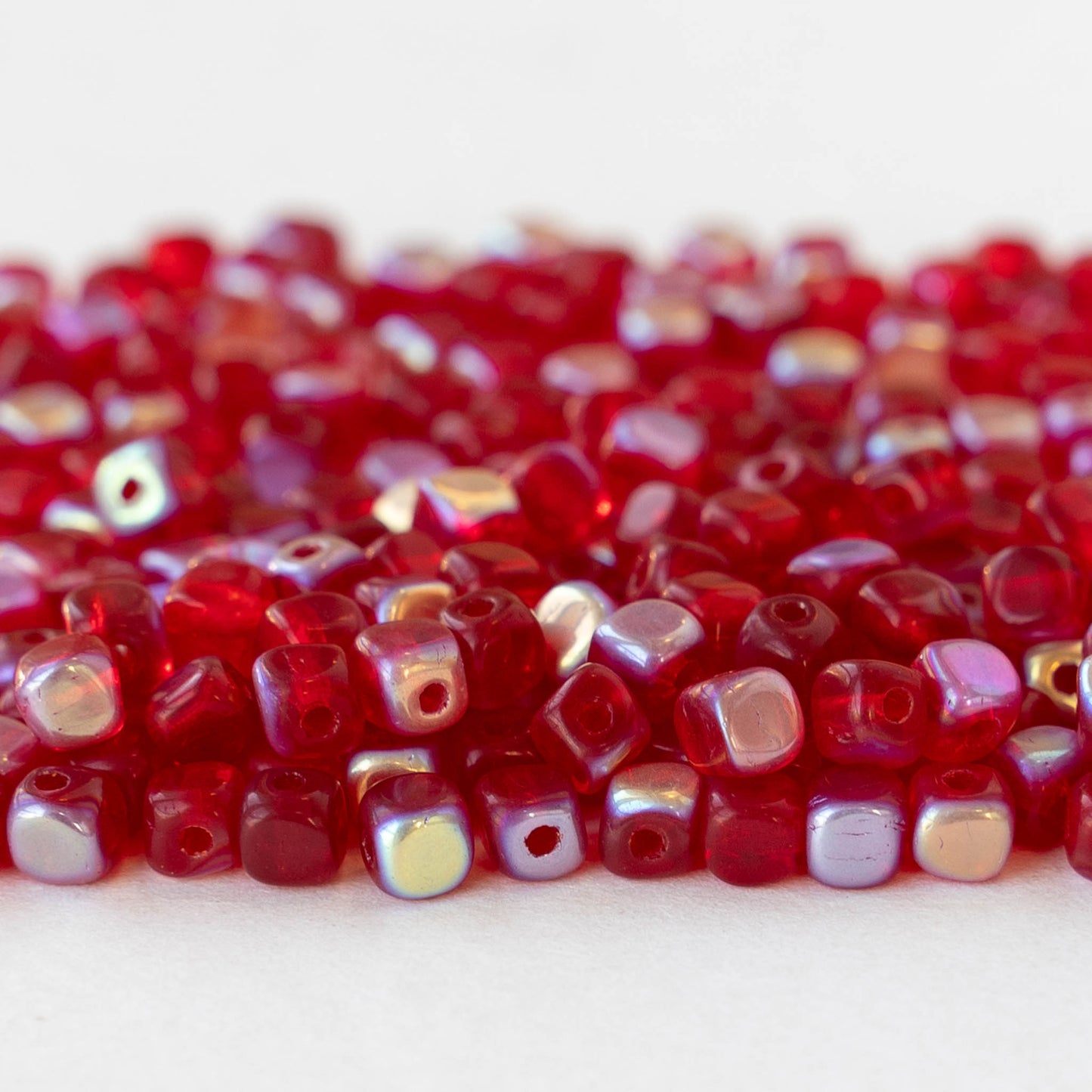 3.5mm Glass Cube Beads - Transparent Red AB - 100 beads