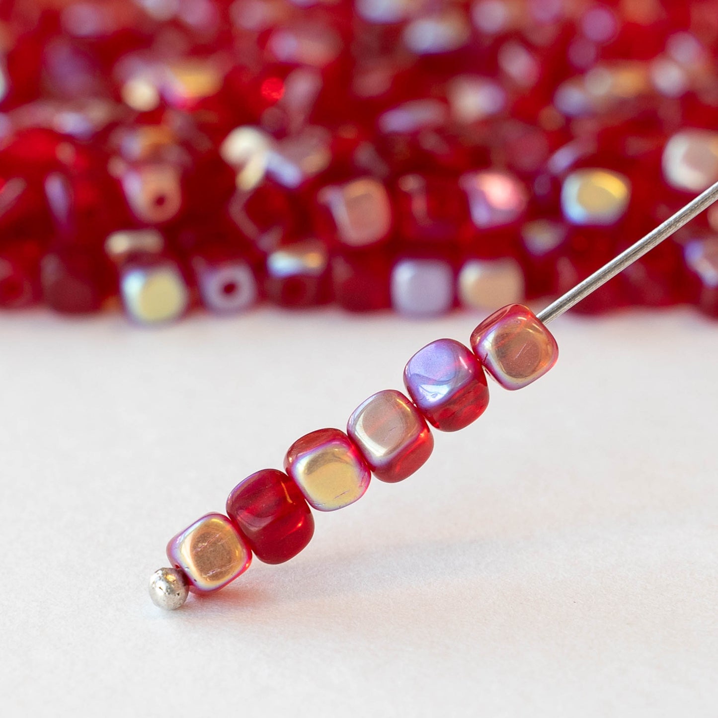 3.5mm Glass Cube Beads - Transparent Red AB - 100 beads