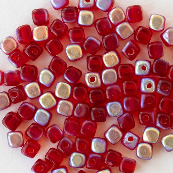 3.5mm Glass Cube Beads - Transparent Red AB - 100 beads