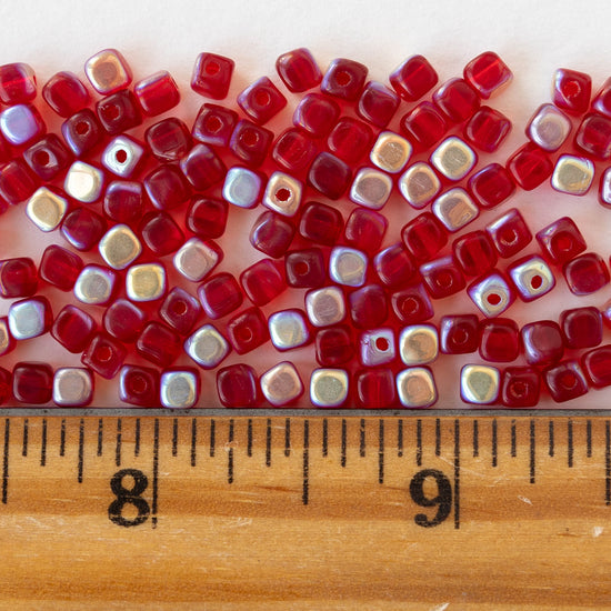 3.5mm Glass Cube Beads - Transparent Red AB - 100 beads