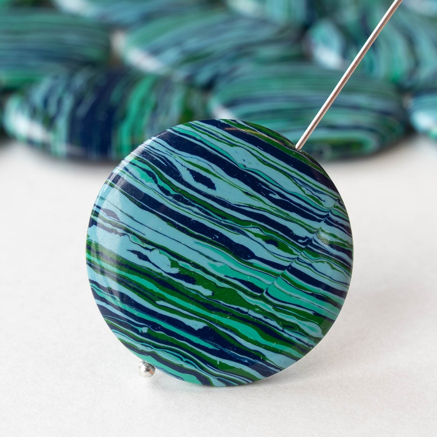 30mm Synthetic Malachite Disks - Blue Stripes - 2 beads