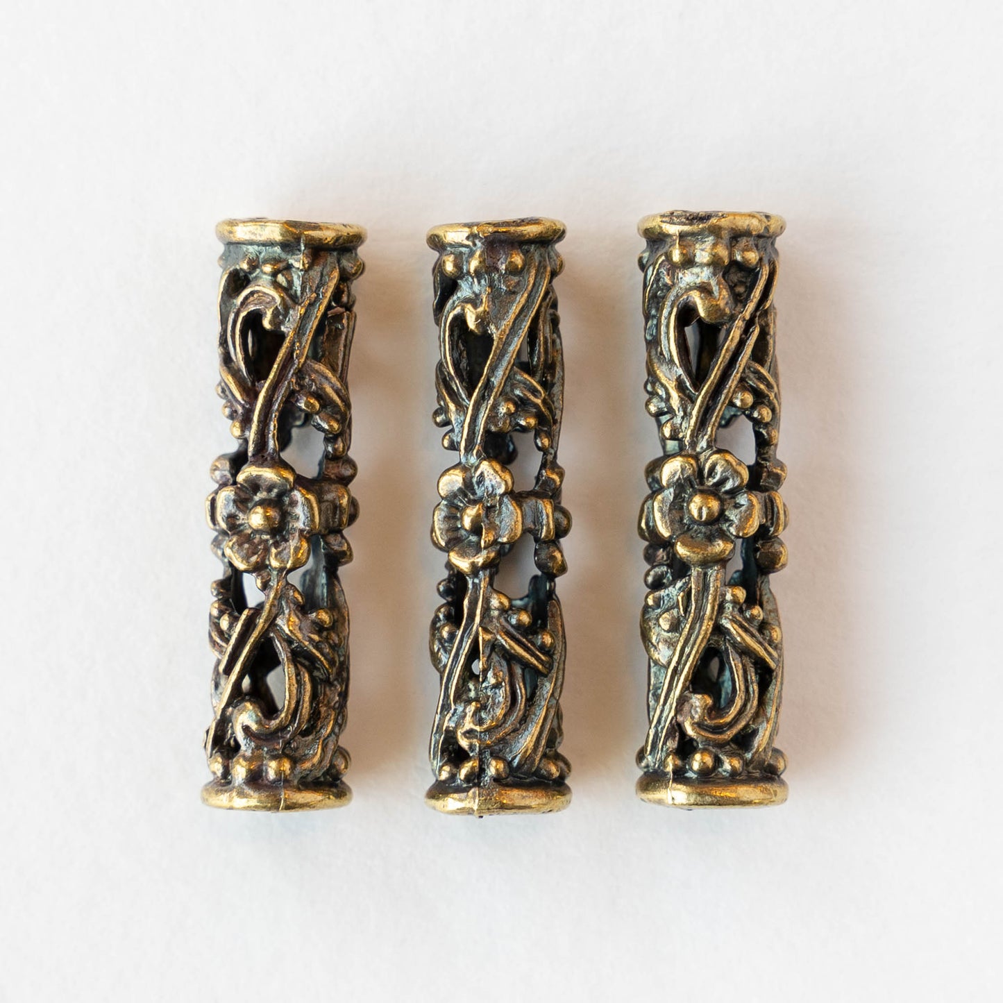 30mm Mykonos Metal Tube Slider Beads - Antiqued Brass - 2 pieces