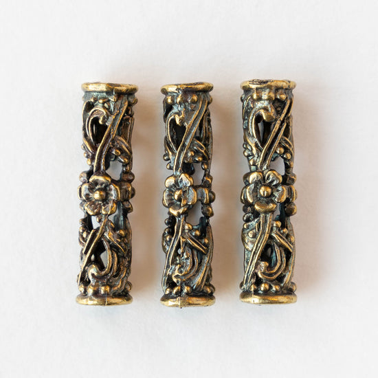 30mm Mykonos Metal Tube Slider Beads - Antiqued Brass - 2 pieces