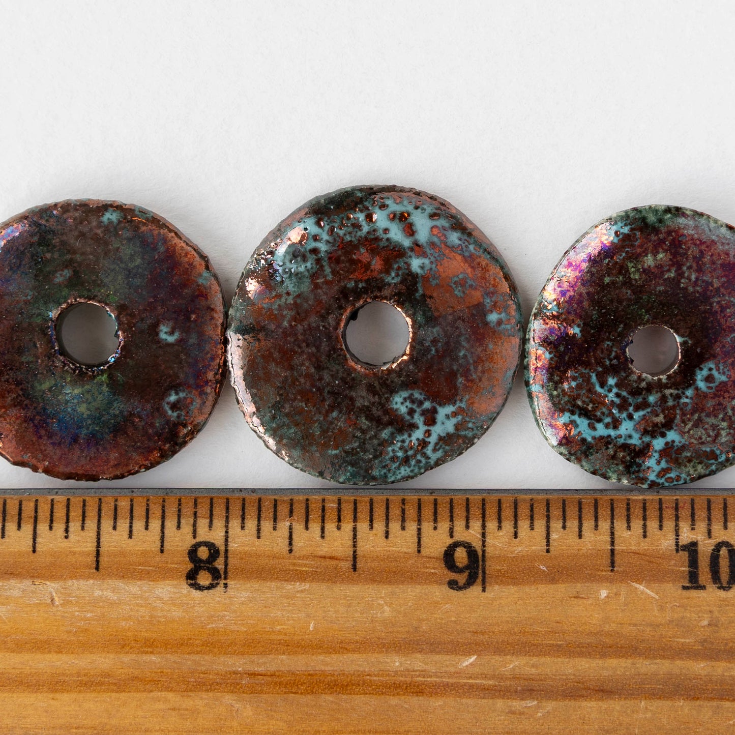 30mm Ceramic Raku Disk Beads - Iridescent Copper Patina - 1, 2, or 4 beads