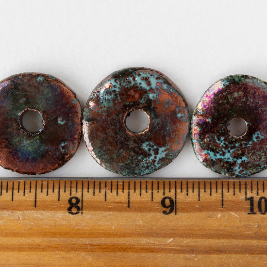 30mm Ceramic Raku Disk Beads - Iridescent Copper Patina - 1, 2, or 4 beads