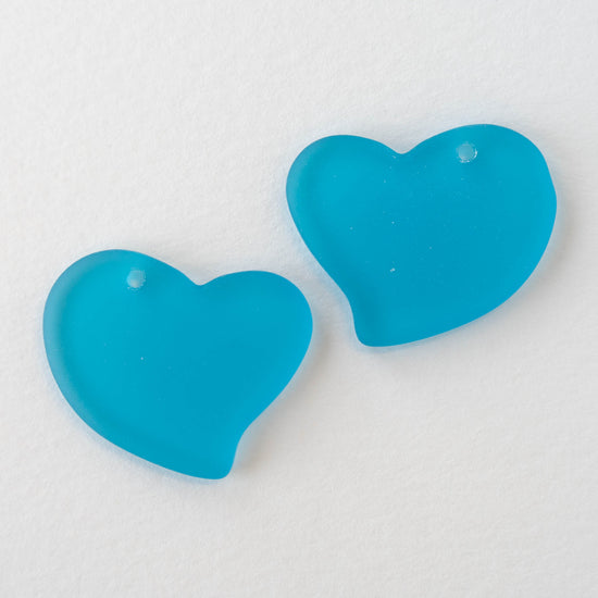 30mm Frosted Glass Hearts - Aqua Blue - 2 Beads