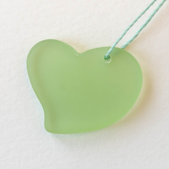 30mm Frosted Glass Hearts - Peridot Green - 2 Beads