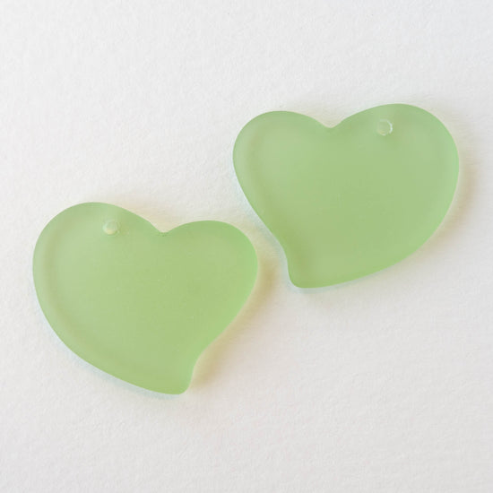 30mm Frosted Glass Hearts - Peridot Green - 2 Beads