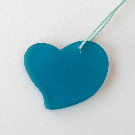 30mm Frosted Glass Hearts - Teal - 2 Beads