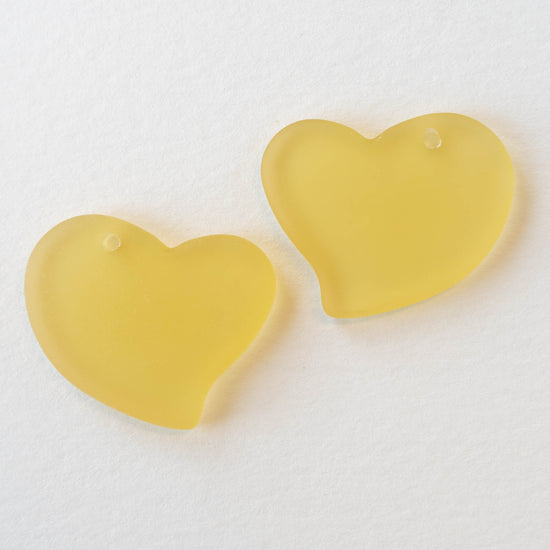 30mm Frosted Glass Hearts -Lemon Chiffon  - 2 Beads