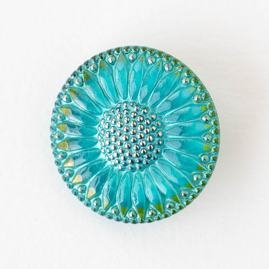 31mm Sunflower Buttons - Aqua with Silver  - 1 Button