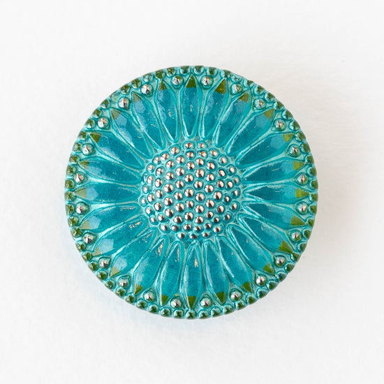 31mm Sunflower Buttons - Aqua with Silver  - 1 Button