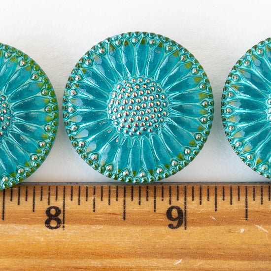 31mm Sunflower Buttons - Aqua with Silver  - 1 Button