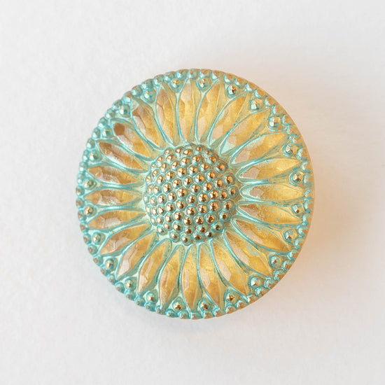 31mm Sunflower Buttons - Gold with Aqua Wash and Gold Paint  - 1 Button