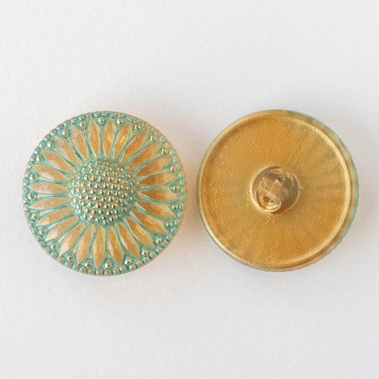 31mm Sunflower Buttons - Gold with Aqua Wash and Gold Paint  - 1 Button