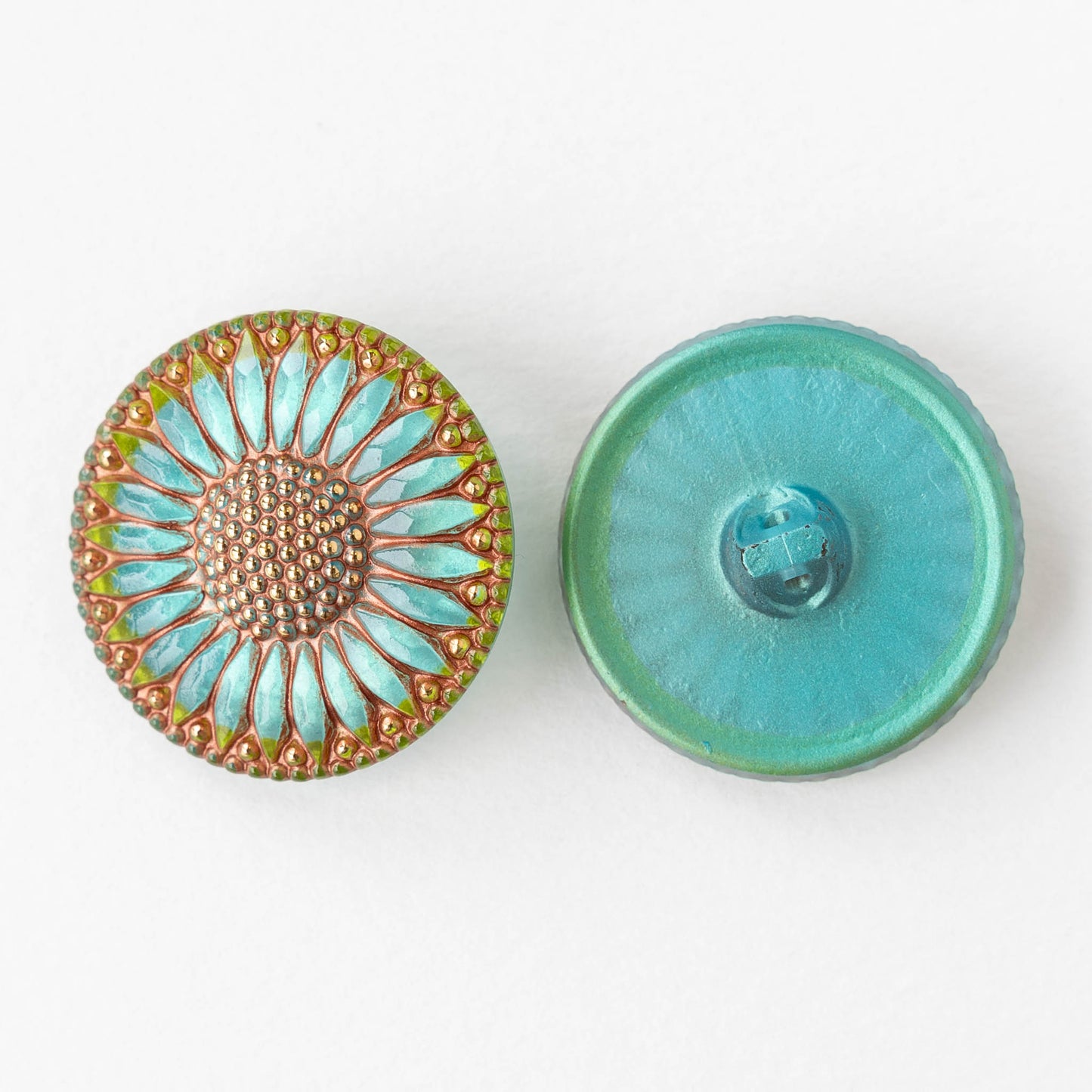 32mm Sunflower Buttons - Aqua with Copper and Gold  - 1 Button